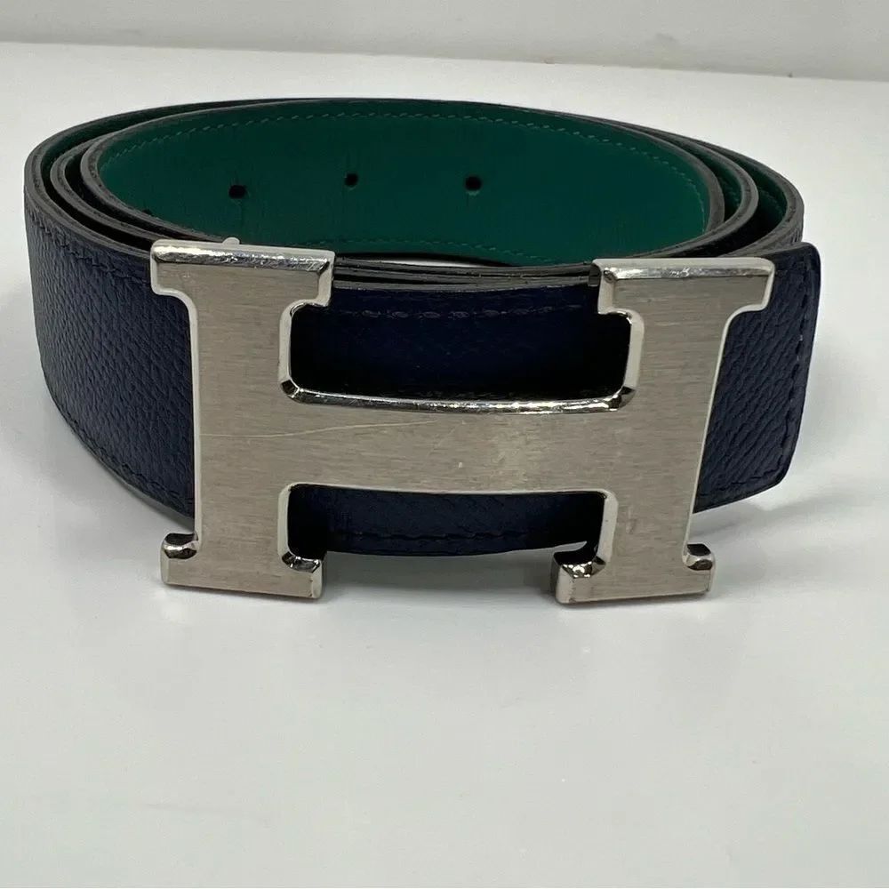 Hermes Reversible H Belt Blue And Green Size 85 Silver Buckle 30mm
